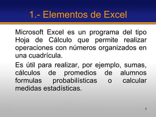 1.- Elementos de Excel Microsoft Excel es un programa del tipo Hoja de Cálculo que permite realizar operaciones con números organizados en una cuadrícula.  Es útil para realizar, por ejemplo, sumas, cálculos de promedios de alumnos formulas probabilísticas o calcular medidas estadísticas. 