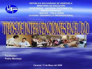 REPÚBLICA BOLIVARIANA DE VENEZUELA
                      MINISTERIO DE EDUCACIÓN
                UNIVERSIDAD NACIONAL EXPERIMENTAL
                         “SIMÓN RODRÍGUEZ”
                         NÚCLEO “PALO VERDE
                CÀTEDRA: DESARROLLO ORGANIZACIONAL




Facilitador:
Pedro Montoya

                   Caracas, 11 de Mayo del 2009
 