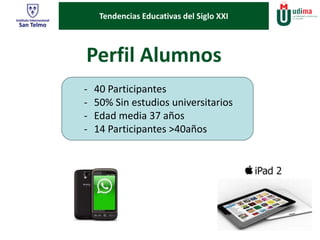 Tendencias Educativas del Siglo XXI 
Perfil Alumnos 
- 40 Participantes 
- 50% Sin estudios universitarios 
- Edad media 37 años 
- 14 Participantes >40años 
 