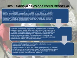 RESULTADOS ALCANZADOS CON EL PROGRAMA
Revisión minuciosa que cada docente realizó de los módulos del docente y del estudiante de
manera              individual          y            luego             en               conjunto
detectó la rigurosidad de la planeación de la unidades en cada modulo, se efectuó la
planeación con las adaptaciones necesarias en cuanto a los contextos de la institución y a los
recursos con que se cuentan, especialmente en las actividades diseñadas desde el
componente virtual, pues la capacidad instalada en las salas de informática de la institución es
insuficiente en cantidad y especificaciones técnicas de los equipos, así como en la
conectividad y habilidades en uso de las tics que deben tener los estudiantes, para llevar a
cabo las actividades como las abordan los módulos.




               El uso de los módulos por parte de los estudiantes se efectuó
               asignándoles un código de acuerdo al número correspondiente
               en la lista del director de curso, con ello los estudiantes utilizan
               el modulo en cada clase según la planeación y registran las
               actividades en sus cuadernos, portafolios y/o bitácoras, sin
               escribir en los módulos para permitir así, en los próximos años
               utilización del mismo por otros estudiantes.


                   Los módulos le agradaron mucho a los estudiantes por su
                   presentación, vivacidad y colorido.
                   El propiciar horas de clase mas lúdicas, participativas y en conjunto
                   con otros grados, por fuera del contexto de la clase magistral, logró
                   en los estudiantes un mayor interés y entusiasmo por abordar los
                   módulos con más frecuencia de la planeada.
 