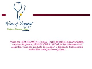 Vinos con TEMPERAMENTO propio, EQUILIBRADOS e inconfundibles, capaces de generar SENSACIONES ÚNICAS en los paladares más exigentes, y que son producto de la pasión y dedicación tradicional de las familias bodegueras uruguayas.  