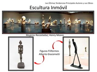 Escultura Inmóvil
Mujeres Recostadas, Henry Moore
Figuras Filiformes
Alberto Giacometti
Las Últimas Tendencias Principales Autores y sus Obras
 