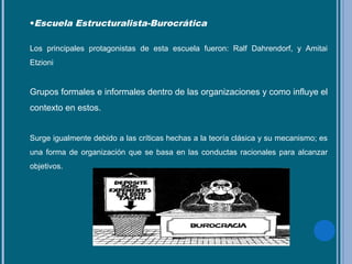 •Escuela Estructuralista-Burocrática
Los principales protagonistas de esta escuela fueron: Ralf Dahrendorf, y Amitai
Etzioni
Grupos formales e informales dentro de las organizaciones y como influye el
contexto en estos.
Surge igualmente debido a las críticas hechas a la teoría clásica y su mecanismo; es
una forma de organización que se basa en las conductas racionales para alcanzar
objetivos.
 