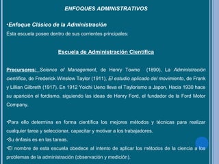 ENFOQUES ADMINISTRATIVOS
•Enfoque Clásico de la Administración
Esta escuela posee dentro de sus corrientes principales:
Escuela de Administración Científica
Precursores: Science of Management, de Henry Towne (1890), La Administración
científica, de Frederick Winslow Taylor (1911), El estudio aplicado del movimiento, de Frank
y Lillian Gilbreth (1917). En 1912 Yoichi Ueno lleva el Taylorismo a Japon, Hacia 1930 hace
su aparición el fordismo, siguiendo las ideas de Henry Ford, el fundador de la Ford Motor
Company.
•Para ello determina en forma científica los mejores métodos y técnicas para realizar
cualquier tarea y seleccionar, capacitar y motivar a los trabajadores.
•Su énfasis es en las tareas.
•El nombre de esta escuela obedece al intento de aplicar los métodos de la ciencia a los
problemas de la administración (observación y medición).
 