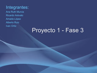 Integrantes:
Ana Ruth Murcia
Ricardo Arévalo
Amada López
Alberto Ruiz
Ivan Ortiz
Proyecto 1 - Fase 3
 