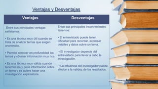 Ventajas y Desventajas
Ventajas Desventajas
Entre sus principales ventajas
señalamos:
• Es una técnica muy útil cuando se
trata de analizar temas que exigen
anonimato.
• Permite conocer en profundidad los
temas y obtener información muy rica.
• Es una técnica muy válida cuando
tenemos muy poca información sobre
un tema y se quiere hacer una
investigación exploratoria.
Entre sus principales inconvenientes
tenemos:
• El entrevistado puede tener
dificultad para recordar, expresar
detalles y datos sobre un tema.
• El investigador depende del
entrevistado para llevar a cabo la
investigación.
• La influencia del investigador puede
afectar a la validez de los resultados.
 