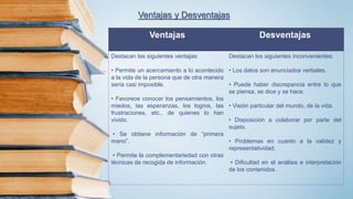 Ventajas y Desventajas
Ventajas Desventajas
Destacan las siguientes ventajas:
• Permite un acercamiento a lo acontecido
a la vida de la persona que de otra manera
sería casi imposible.
• Favorece conocer los pensamientos, los
miedos, las esperanzas, los logros, las
frustraciones, etc., de quienes lo han
vivido.
• Se obtiene información de “primera
mano”.
• Permite la complementariedad con otras
técnicas de recogida de información.
Destacan los siguientes inconvenientes:
• Los datos son enunciados verbales.
• Puede haber discrepancia entre lo que
se piensa, se dice y se hace.
• Visión particular del mundo, de la vida.
• Disposición a colaborar por parte del
sujeto.
• Problemas en cuanto a la validez y
representatividad.
• Dificultad en el análisis e interpretación
de los contenidos.
 