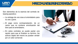 M
A
S
C
O
M
U
N
E
S
:
L
E
A
S
I
N
G
O
P
E
R
A
T
I
V
O
Son elementos de la esencia del contrato de
leasing operativo:
 La entrega de una cosa al arrendatario para
su uso y goce.
 El pago como contraprestación, de un
canon que no contiene amortización del
bien para el arrendatario.
 En estos contratos se puede pactar una
opción para que al finalizar su termino, los
activos objeto del mismo se puedan vender
por un valor comercial.
 