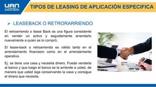 TIPOS DE LEASING DE APLICACIÓN ESPECIFICA
 LEASEBACK O RETRORARRIENDO
El retroarriendo o lease Back es una figura consistente
en vender un activo y seguidamente arrendarlo
nuevamente a quien se lo compró.
El lease-back o retroarriendo es válido tanto en el
arrendamiento financiero como en el arrendamiento
operativo.
Ej. se tiene una casa y necesita dinero. Puede venderla
al banco y que luego el banco se la arriende a usted, de
manera que usted siga conservando la casa y consigue
el dinero que necesita.
 