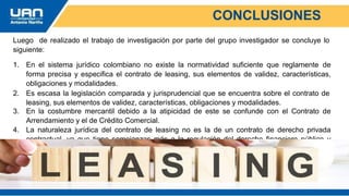 CONCLUSIONES
Luego de realizado el trabajo de investigación por parte del grupo investigador se concluye lo
siguiente:
1. En el sistema jurídico colombiano no existe la normatividad suficiente que reglamente de
forma precisa y especifica el contrato de leasing, sus elementos de validez, características,
obligaciones y modalidades.
2. Es escasa la legislación comparada y jurisprudencial que se encuentra sobre el contrato de
leasing, sus elementos de validez, características, obligaciones y modalidades.
3. En la costumbre mercantil debido a la atipicidad de este se confunde con el Contrato de
Arrendamiento y el de Crédito Comercial.
4. La naturaleza jurídica del contrato de leasing no es la de un contrato de derecho privada
contractual, ya que tiene semejanzas más a la regulación del derecho financiero público y
societario.
 