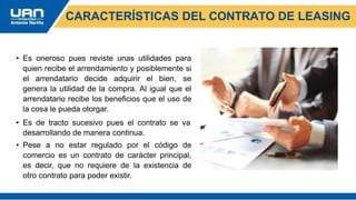 • Es oneroso pues reviste unas utilidades para
quien recibe el arrendamiento y posiblemente si
el arrendatario decide adquirir el bien, se
genera la utilidad de la compra. Al igual que el
arrendatario recibe los beneficios que el uso de
la cosa le pueda otorgar.
• Es de tracto sucesivo pues el contrato se va
desarrollando de manera continua.
• Pese a no estar regulado por el código de
comercio es un contrato de carácter principal,
es decir, que no requiere de la existencia de
otro contrato para poder existir.
CARACTERÍSTICAS DEL CONTRATO DE LEASING
 