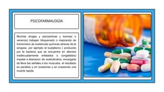 PSICOFARMALOGIA
Muchas drogas y psicoactivas y toxinas( o
venenos) trabajan bloquenado o mejorando de
transmision de sustancias quimicas atravez de la
sinapsis. por ejemplo el bustalismo ( producido
por la bacteria que se encuentra en alientos
inadecuadamente enlatados o congelados)
impidel a liberacion de aceticilcolina, encargada
de lleva las señales a los musculos. el resultado
es paralisis y en ocasiones y en ocasiones una
muerte rapida
 