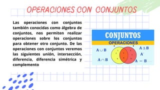 oPERACIONES CON CONJUNTOS
Las operaciones con conjuntos
también conocidas como álgebra de
conjuntos, nos permiten realizar...