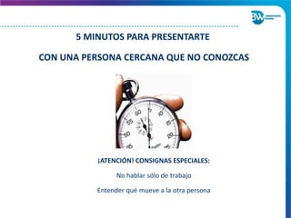 5 MINUTOS PARA PRESENTARTE
CON UNA PERSONA CERCANA QUE NO CONOZCAS
¡ATENCIÓN! CONSIGNAS ESPECIALES:
No hablar sólo de trabajo
Entender qué mueve a la otra persona
 