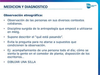 Observación etnográfica:
• Observación de las personas en sus diversos contextos
cotidianos.
• Disciplina surgida de la antropología que empezó a utilizarse
en mktg.
• Supone describir el “qué está pasando”.
• Evita la pregunta para no atarse a supuestos que
condicionen la observación.
• Ej: acompañamiento de una persona todo el día; cómo se
sienta la gente en el comedor de planta; disposición de los
escritorios…
• DIBUJAR UNA SILLA
MEDICION Y DIAGNOSTICO
 