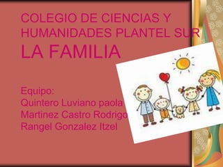 COLEGIO DE CIENCIAS Y
HUMANIDADES PLANTEL SUR
LA FAMILIA
Equipo:
Quintero Luviano paola
Martinez Castro Rodrigo
Rangel Gonzalez Itzel
 