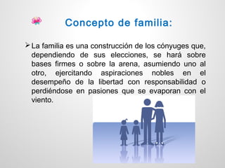 Concepto de familia:

 La familia es una construcción de los cónyuges que,
  dependiendo de sus elecciones, se hará sobre
  bases firmes o sobre la arena, asumiendo uno al
  otro, ejercitando aspiraciones nobles en el
  desempeño de la libertad con responsabilidad o
  perdiéndose en pasiones que se evaporan con el
  viento.
 