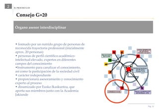 Pág.  EL PROCESO G+20 2 Consejo G+20 Órgano asesor interdisciplinar formado por un nutrido grupo de personas de reconocida trayectoria profesional (inicialmente aprox. 20 personas) personas de perfil científico-académico-intelectual elevado, expertos en diferentes campos del conocimiento Instrumento para canalizar el conocimiento, así como la participación de la sociedad civil carácter independiente proporcionará asesoramiento y conocimiento experto al proceso dinamizado por Eusko Ikaskuntza, que aporta sus miembros junto con la Academia Jakiunde 