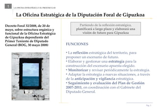 Pág.  LA OFICINA ESTRATÉGICA Y EL PROCESO G+20 1 FUNCIONES La  reflexión  estratégica del territorio, para proponer un escenario de futuro. Elaborar y gestionar una  estrategia  para la construcción del escenario apuesta elegido. Monitorizar  y revisar periódicamente la estrategia. Adaptar la estrategia a nuevas situaciones, a través de la  anticipación y vigilancia  estratégica. Seguimiento y evaluación del   Plan de Gestión 2007-2011 , en coordinación con el Gabinete del Diputado General. La Oficina Estratégica de la Diputación Foral de Gipuzkoa Decreto Foral 32/2008, de 20 de mayo, sobre estructura orgánica y funcional de la Oficina Estratégica de Gipuzkoa dependiente del Primer Teniente de Diputado General (BOG, 30 mayo 2008) Partiendo de la reflexión estratégica,  planificará a largo plazo y elaborará una visión de futuro para Gipuzkoa 