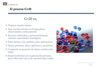 Pág.  EL PROCESO G+20 2 G+20 es, Preparar nuestro futuro Fijar nuestra mirada en el largo plazo, observándolo continuamente Ejercitar sistemática y permanentemente nuestras capacidades estratégicas Estar atentos a los cambios, para anticiparnos Sumar personas, ideas, opiniones y proyectos Compartir un proyecto de futuro común entre todos Responsabilidad con la generación presente, pero sobre todo con la de nuestras hijas e hijos El proceso G+20 