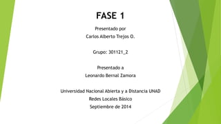 FASE 1 
Presentado por 
Carlos Alberto Trejos O. 
Grupo: 301121_2 
Presentado a 
Leonardo Bernal Zamora 
Universidad Nacional Abierta y a Distancia UNAD 
Redes Locales Básico 
Septiembre de 2014 
 