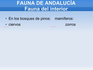 FAUNA DE ANDALUCÍA Fauna del interior En los bosques de pinos:  mamíferos: ciervos  zorros 