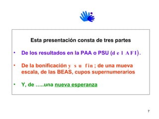 Esta presentación consta de tres partes De los resultados en la PAA o PSU ( del AFI).   De la bonificación  y su fin ; de una mueva escala, de las BEAS, cupos supernumerarios  Y, de …..una  nueva esperanza 