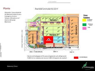 Fondo Inmobiliario
Sabemos Cómo
Ubicación: Zona industrial
de Mamonal Sobre la vía a
Cartagena y la vía a
Turbaco Ubicados en el
retorno del peaje
Mamonal.
127habitaciones
Zonaejecutiva
48habitaciones
ZonaVIP
3Suites.
Zona
hotelera
Manzana1
Manzana3
Manzana2
Manzana4
ZONA7-8ZONA5-6
Zona1-2:LocalescomercialesyOficinas
ZONA3– 4YZONAHOTELERA
Planta
Opción de bodegaje en frío para congelación y/o refrigeración
9.000 m2 en módulos de más de 1.000 m2 (opción de ampliar)
NO DISPONIBLES
 