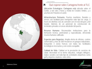 Fondo Inmobiliario
Sabemos Cómo
Qué esperar sobre Cartagena frente al TLC
Ubicación Estratégica: Cartagena está ubicada sobre el
Caribe, a tan solo 2 horas y media de Estados Unidos, y a
una hora de Panamá en avión.
Infraestructura Portuaria: Puertos marítimos, fluviales y
aéreos con facilidad para transportar todo tipo de carga, a
través de distintas vías de conexión con el resto del país y del
mundo. Además de un potencial de construcción de
terminales privados en áreas alrededor del puerto.
Recurso Humano: Reconocidas instituciones para la
formación técnica, profesional y especializada, ofreciendo
recurso humano calificado.
Espacios para Negocios: Amplia oferta de oficinas, centros
comerciales y más de 500 Hectáreas en parques industriales,
incluyendo 3 zonas francas con todas las facilidades
tecnológicas necesarias y con costos asequible.
Calidad de Vida: Calidad en la prestación de servicios de
salud, diversidad en la oferta educativa, colegios bilingües,
clubes sociales con todo tipo de actividades deportivas como
golf y deportes náuticos, entre otros.
30
 
