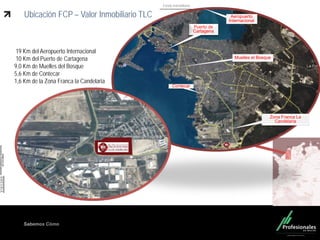 Fondo Inmobiliario
Sabemos Cómo
19 Km del Aeropuerto Internacional
10 Km del Puerto de Cartagena
9,0 Km de Muelles del Bosque
5,6 Km de Contecar
1,6 Km de la Zona Franca la Candelaria
Ubicación FCP – Valor Inmobiliario TLC Aeropuerto
Internacional
Muelles el Bosque
Puerto de
Cartagena
Contecar
Zona Franca La
Candelaria
 