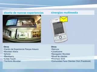 Otros Centro de Experiencia Parque Arauco Movistar Arena Iphone Blackberry Línea Touch Territorio Movistar Otros Spinvox Localízame Navegador Movistar Mural de clientes Pinchazo SOS Comunidad Fans Clientes Club (Facebook) diseño de nuevas experiencias sinergias multimedia 