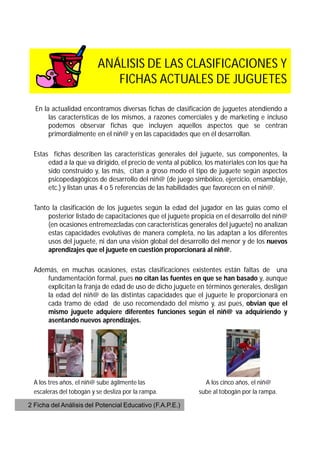 ANÁLISIS DE LAS CLASIFICACIONES Y
                             FICHAS ACTUALES DE JUGUETES

  En la actualidad encontramos diversas fichas de clasificación de juguetes atendiendo a
       las características de los mismos, a razones comerciales y de marketing e incluso
       podemos observar fichas que incluyen aquellos aspectos que se centran
       primordialmente en el niñ@ y en las capacidades que en él desarrollan.

  Estas fichas describen las características generales del juguete, sus componentes, la
       edad a la que va dirigido, el precio de venta al público, los materiales con los que ha
       sido construido y, las más, citan a groso modo el tipo de juguete según aspectos
       psicopedagógicos de desarrollo del niñ@ (de juego simbólico, ejercicio, ensamblaje,
       etc.) y listan unas 4 o 5 referencias de las habilidades que favorecen en el niñ@.

  Tanto la clasificación de los juguetes según la edad del jugador en las guías como el
       posterior listado de capacitaciones que el juguete propicia en el desarrollo del niñ@
       (en ocasiones entremezcladas con características generales del juguete) no analizan
       estas capacidades evolutivas de manera completa, no las adaptan a los diferentes
       usos del juguete, ni dan una visión global del desarrollo del menor y de los nuevos
       aprendizajes que el juguete en cuestión proporcionará al niñ@.

  Además, en muchas ocasiones, estas clasificaciones existentes están faltas de una
      fundamentación formal, pues no citan las fuentes en que se han basado y, aunque
      explicitan la franja de edad de uso de dicho juguete en términos generales, desligan
      la edad del niñ@ de las distintas capacidades que el juguete le proporcionará en
      cada tramo de edad de uso recomendado del mismo y, así pues, obvian que el
      mismo juguete adquiere diferentes funciones según el niñ@ va adquiriendo y
      asentando nuevos aprendizajes.




  A los tres años, el niñ@ sube ágilmente las                  A los cinco años, el niñ@
  escaleras del tobogán y se desliza por la rampa.           sube al tobogán por la rampa.

2 Ficha del Análisis del Potencial Educativo (F.A.P.E.)
 