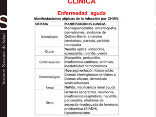 SISTEMA MANIFESTACIONES CLINICAS
Neurológico
Meningoencefalitis, encefalopatía,
convulsiones, síndrome de
Guillain-Barré, síndrome
cerebeloso, paresia, parálisis,
neuropatía
Ocular
Neuritis óptica, iridociclitis,
epiescleritis, retinitis, uveitis
Cardiovascular
Miocarditis, pericarditis,
insuficiencia cardíaca, arritmias,
inestabilidad hemodinámica
Dermatológico
Hiperpigmentación fotosensible,
úlceras intertriginosas similares a
úlceras aftosas, dermatosis
vesiculobulosas
Renal Nefritis, insuficiencia renal aguda
Otros
iscrasias sangrantes, neumonía,
insuficiencia respiratoria, hepatitis,
pancreatitis, síndrome de
secreción inadecuada de hormona
antidiurética (SIADH),
hipoadrenalismo
Manifestaciones atípicas de la infección por CHIKV.
CLINICA
Enfermedad aguda
 
