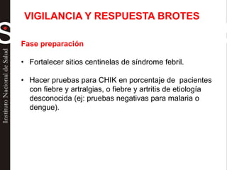Fase preparación
• Fortalecer sitios centinelas de síndrome febril.
• Hacer pruebas para CHIK en porcentaje de pacientes
con fiebre y artralgias, o fiebre y artritis de etiología
desconocida (ej: pruebas negativas para malaria o
dengue).
VIGILANCIA Y RESPUESTA BROTES
 