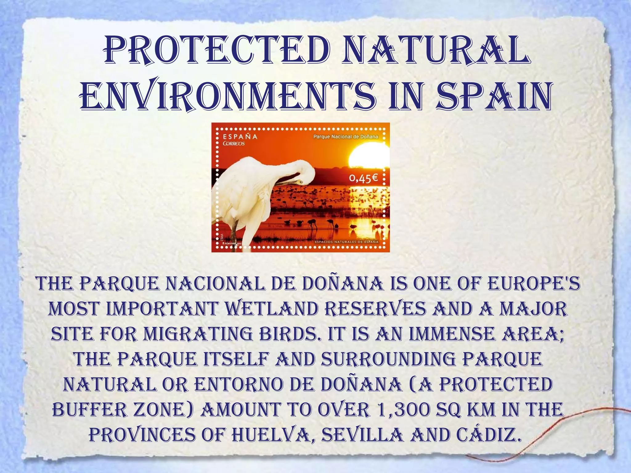 PROTECTED NATURAL ENVIRONMENTS IN spain The Parque Nacional de Doñana is one of Europe's most important wetland reserves and a major site for migrating birds. It is an immense area; the parque itself and surrounding parque natural or Entorno de Doñana (a protected buffer zone) amount to over 1,300 sq km in the provinces of Huelva, Sevilla and Cádiz.  