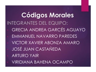 Códigos Morales
INTEGRANTES DEL EQUIPO:
•

GRECIA ANDREA GARCÉS AGUAYO

•

EMMANUEL NAVARRO PAREDES

•

VICTOR XAVIER ABONZA AMARO

•

JOSÉ JUAN CASTAÑEDA

•

ARTURO YAIR

•

VIRIDIANA BAHENA OCAMPO

 