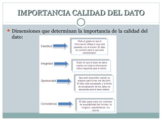 IMPORTANCIA CALIDAD DEL DATOIMPORTANCIA CALIDAD DEL DATO
Dimensiones que determinan la importancia de la calidad del
dato:
 