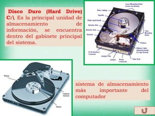 Disco Duro (Hard Drive)
C: Es la principal unidad de
almacenamiento de
información, se encuentra
dentro del gabinete principal
del sistema.
sistema de almacenamiento
más importante del
computador
 