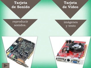 Tarjeta
de Sonido
Tarjeta
de Video
reproducir
sonidos.
imágenes
y texto
 