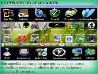 Son aquellas aplicaciones que nos ayudan en tareas
específicas como en la edición de textos, imágenes,
cálculos, Entre otros.
SOFTWARE DE APLICACIÓN:
 