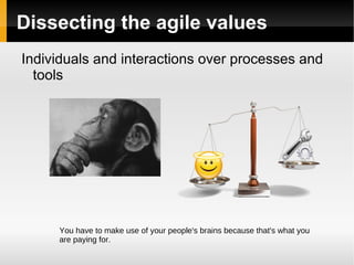 Agile: The concept Agile Principles And Values SCRUM TDD Use version control Coding standard Weekly demos 