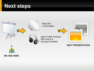 The agile manifesto The 17 folks that coined the term “Agile”: Kent Beck Mike Beedle Arie  van Bennekum Alistair Cockburn Ward Cunningham Martin Fowler James Grenning Jim Highsmith Andrew Hunt Ron Jeffries Jon Kern Brian Marick Robert C. Martin Steve Mellor Ken Schwaber Jeff Sutherland Dave Thomas 