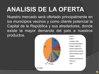 ANALISIS DE LA OFERTA
Nuestro mercado será ofertado principalmente en
los municipios vecinos y como cliente potencial la
Capital de la República y sus alrededores, donde
existe la mayor demanda del país a nuestros
productos.
 