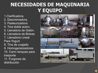 NECESIDADES DE MAQUINARIA
            Y EQUIPO
1.Clarificadora.
2. Descremadora.
3. Pasteurizadora
4. Tina doble acero.
5. Llenadora de Galón.
6. Llenadora de Bolsas
7. Llenadora Lineal
Para Yogurt.
8. Tina de cuajado
9. Homogeneizadores
10. Carro tanques para
trasporte
11. Furgones de
distribución
 