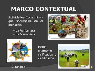 MARCO CONTEXTUAL
Actividades Económicas
que sobresalen en el
municipio :
   La Agricultura
   La Ganadería.


                     Hatos
                     altamente
                     calificados y
                     certificados

 El turismo
 