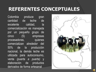 REFERENTES CONCEPTUALES
Colombia      produce      gran
cantidad de leche de
excelente       calidad,      la
comercialización es manejada
por un pequeño grupo de
cinco       (5)       empresas
procesadoras,           quienes
comercializan alrededor del
50% de la producción
nacional, la demás leche es
utilizada para autoconsumo,
venta (puerta a puerta) y
elaboración de productos
derivados de forma artesanal
 