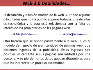 WEB 3.0 Debilidades…

El desarrollo y difusión masiva de la web 3.0 tiene algunas
dificultades que no ha podido superar to...