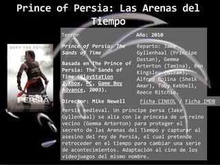 Prince of Persia: Las Arenas del
             Tiempo
       Terror                  Año: 2010

       Prince of Persia: The   Reparto: Jake
       Sands of Time           Gyllenhaal (Príncipe
                               Dastan), Gemma
       Basada en The Prince of Arterton (Tamina), Ben
       Persia: The Sands of    Kingsley (Nizam),
       Time (PlayStation       Alfred Molina (Sheik
       2,Xbox, PC, Game Boy    Amar), Toby Kebbell,
       Advance, 2003).         Reece Ritchie.
       Director: Mike Newell    Ficha CINEOL / Ficha IMDB
       Persia medieval. Un príncipe persa (Jake
       Gyllenhaal) se alía con la princesa de un reino
       vecino (Gemma Arterton) para proteger el
       secreto de las Arenas del Tiempo y capturar al
       asesino del rey de Persia, el cual pretende
       retroceder en el tiempo para cambiar una serie
       de acontecimientos. Adaptación al cine de los
       videojuegos del mismo nombre.
 