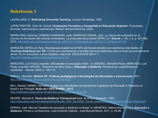 Referências 1

ABIO, Gonzalo; BARANDELA, Ana Margarita. Algunas reflexiones sobre el aprendizaje, evaluación formativa y
mediación tecnológica. Marcoele, n. 15, 2012. http://marcoele.com/descargas/15/abio-barandela_mediacion-
tecnologica.pdf

ABIO, Gonzalo. Importancia del feedback automático como apoyo al aprendizaje en el Moodle. Texto Livre.
Linguagem e Tecnologia, v. 3, n. 2, 2010a. http://www.periodicos.letras.ufmg.br/index.php/textolivre/article/view/61/772

ABIO, Gonzalo. Andragogia e inclusão digital: algumas reflexões. Revista EDaPECI. Educação a Distância e Práticas
Educativas Comunicacionais e Interculturais, v. 6, p. 31-49, 2010b.
http://www.academia.edu/1874644/Andragogia_e_inclusao_digital_Algumas_reflexoes

AKYOL, Zehra et al. A Response to the Review of the Community of Inquiry Framework. Journal of Distance
Education, v. 23, n. 2, p. 123–136, 2009. http://www.jofde.ca/index.php/jde/article/viewArticle/630/885

ANDERSON, Terry; ELLOUMI, Fathi (eds.). The Theory and Practice of Online Learning. Atabasca: UBC
Press, 2008. http://cde.athabascau.ca/online _book/index.html

BARBERÀ GREGORI, Elena. La enseñanza a distancia y los procesos de autonomía en el aprendizaje.
LatinEduca2004. Primer Congreso Virtual Latinoamericano de Educación a Distancia, 2004.
http://www.ateneonline.net/datos/11_1_Barbera_Elena.pdf

BASSANI Patrícia Scherer; BEHAR, Patricia Alejandra. Avaliação da aprendizagem em ambientes virtuais. In:
BEHAR, Patricia Alejandra (orgs.) Modelos pedagógicos em Educação a Distância. Porto Alegre: Artmed, 2009, p.
93-113.

BEHRENS, Marilda Aparecida. Projetos de aprendizagem colaborativa num paradigma emergente. In: MORAN, J. M.;
BEHRENS, M. A.; MASETTO, M. T. Novas tecnologias e mediação pedagógica. Campinas, SP: Papirus, 2008.

BIAGIOTTI, Luiz Cláudio Medeiros. Conhecendo e aplicando rubricas de avaliações In: 12º Congresso Internacional
de Educação à Distância, Florianópolis, 2005. http://www.abed.org.br/congresso2005/por/pdf/007tcf5.pdf
 