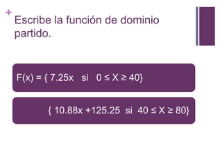+
Escribe la función de dominio
partido.
F(x) = { 7.25x si 0 ≤ X ≥ 40}
{ 10.88x +125.25 si 40 ≤ X ≥ 80}
 